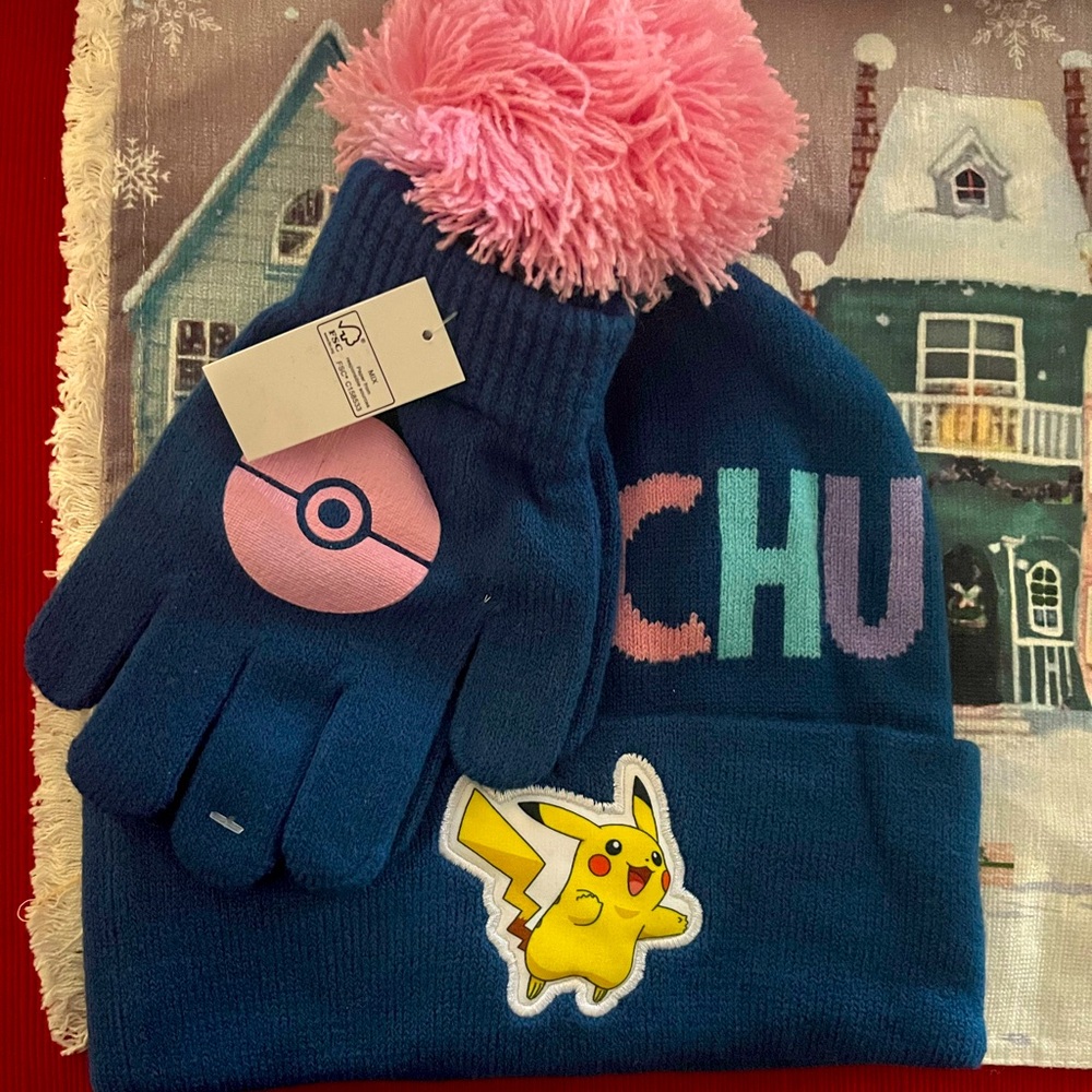 Youth, girls, Pikachu, winter hat, and gloves